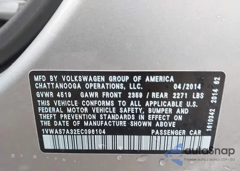 2014 Volkswagen Passat 1.8T S из США, поврежденный, VIN 1VWAS7A32EC096104